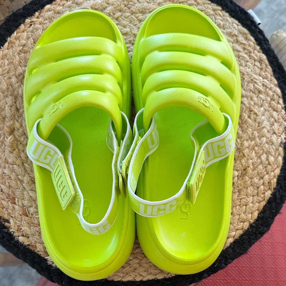 UGG Neon Lime Padded Slide Sandals with Logo Heel Strap